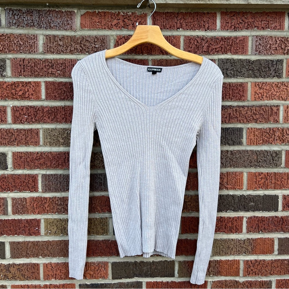 Express Gray Ribbed V Neck Pullover Sweater Long Sleeve Top